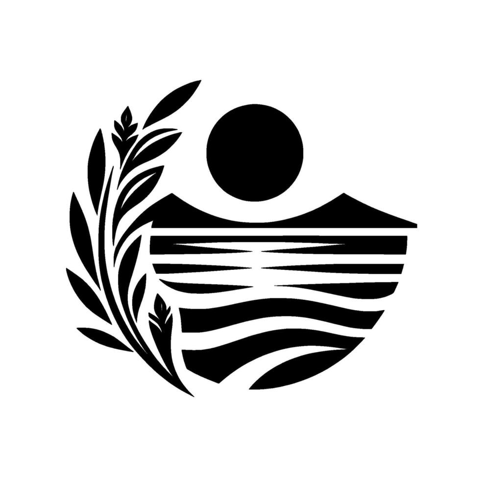Stylized monochrome of mountains, sun, and water with a botanical accent, evoking serenity and nature. vector