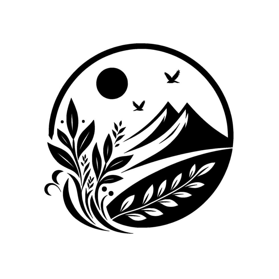 Serene Black and White Circular Composition Mountain Silhouette, Sun, Birds, and Foliage Embrace Natures Beauty. vector