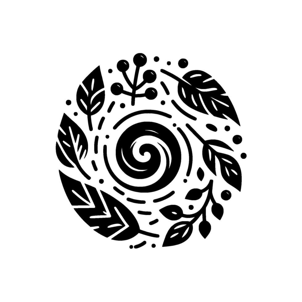 Circular monochrome botanical with leaves, berries, and a central spiral, creating a balanced and elegant illustration. vector