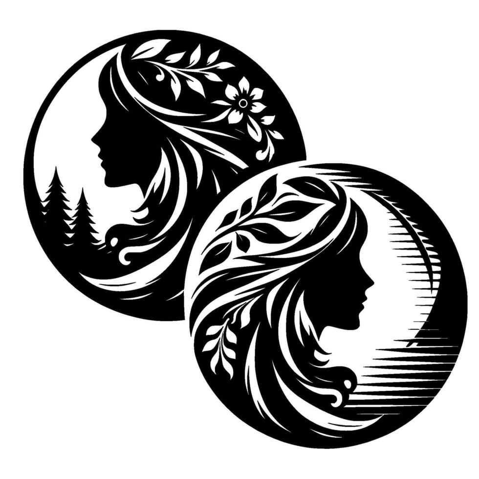 Two Black White Silhouetted Female Portraits Adorned with Floral and Foliage Accents, Set Within Circular Frames. vector