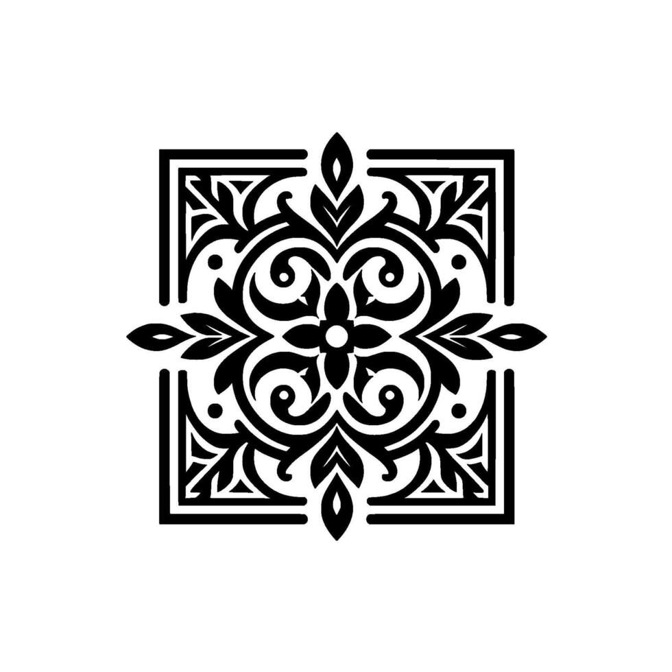 Intricate Black Floral Ornament Symmetrical, Decorative with Swirls, Leaves, and a Square Frame. vector