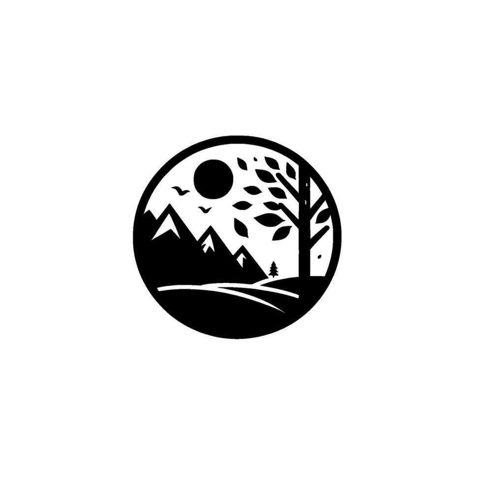 A circular, minimalist black and white of a natural landscape featuring mountains, a tree, sun, birds, and a simple . vector
