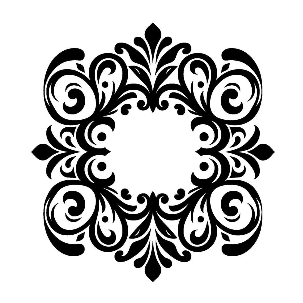 Intricate Black Floral Ornament A Symmetrical, Stylized with Ornate Curlicues and Leaf Elements Centered on a Negative Space Square. vector
