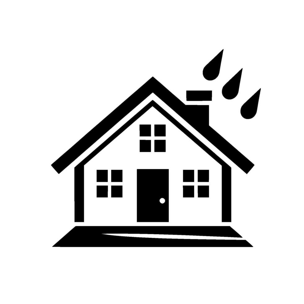 Black and White Minimalist Illustration of a House with Raindrops, Symbolic of Weather and Shelter. vector