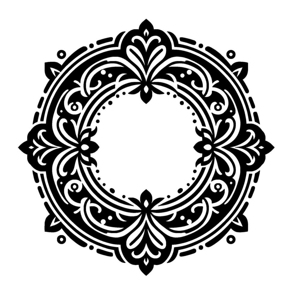 Intricate Black and White Circular Ornamental with Floral and Curvilinear Elements, Isolated on White Background. vector
