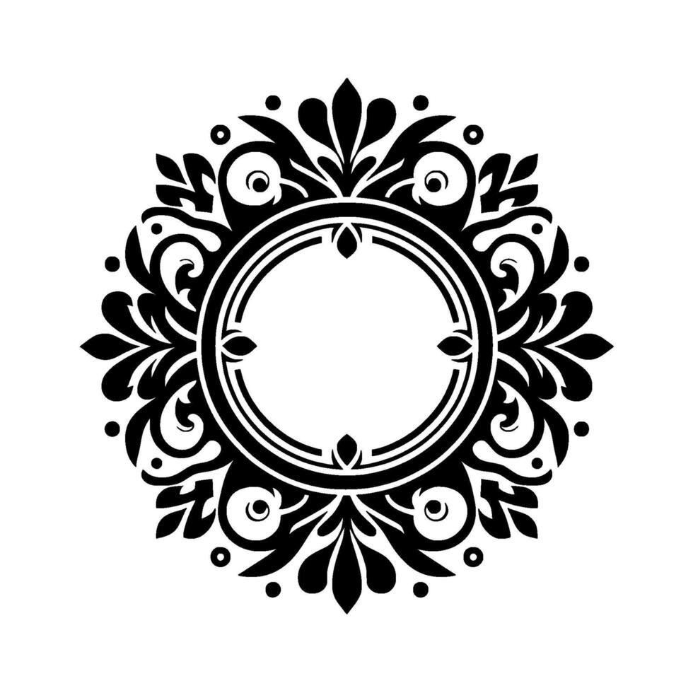 Ornate Black White Circular Symmetrical Floral Pattern Surrounding a Central Blank Circle, Decorative Elements. vector
