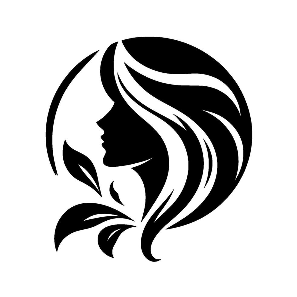 Elegant Silhouette A Black and White Depicting a Womans Profile Embraced by Flowing Hair and Organic Leaf Accents, Evoking Beauty. vector