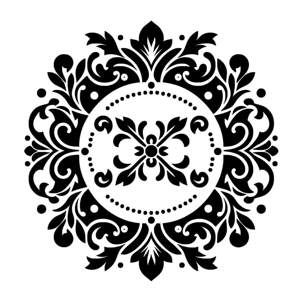 An elegant, symmetrical black and white floral , with circular arrangements of stylized leaves and decorative swirls, in a vintage style. vector