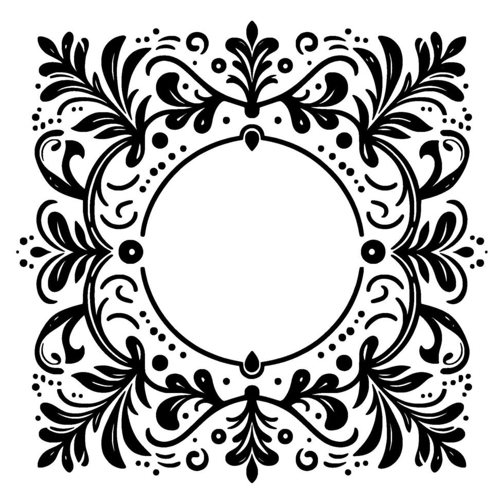 Intricate Black and White Floral Frame with a Central Circular Space, Featuring Detailed Leaf Motifs, Curvilinear Lines, and Dot Accents. vector