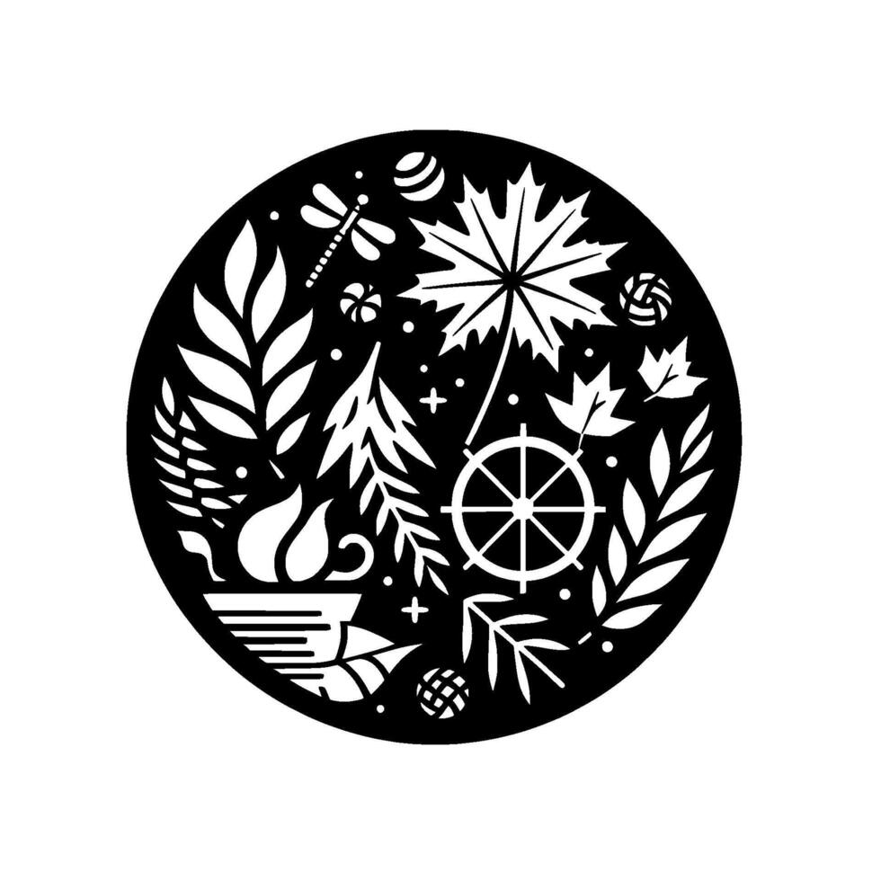 Intricate black and white circular emblem showcasing a stylized composition of natural elements, including leaves, a dragonfly, and a ships wheel, with dots and cross motifs. vector