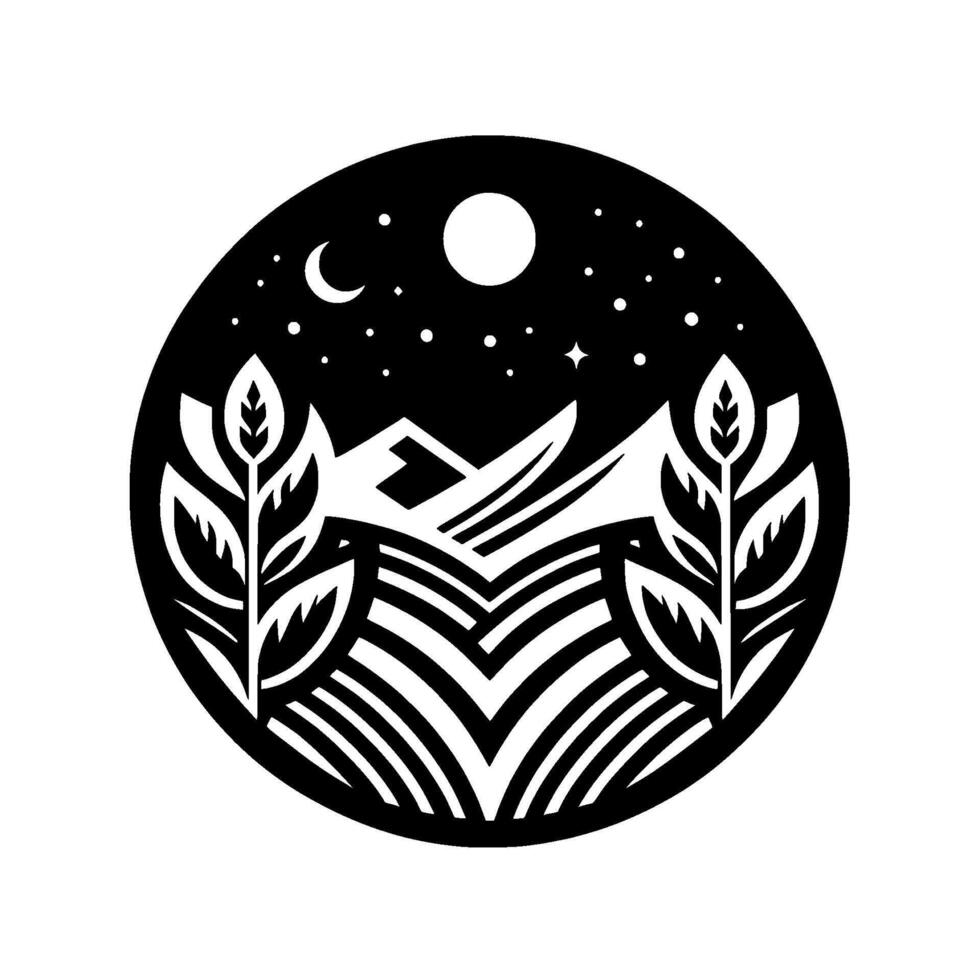 Monochromatic night landscape, encircled by a stylized black and white illustration of mountains under a starry sky, framed by leafy elements. vector