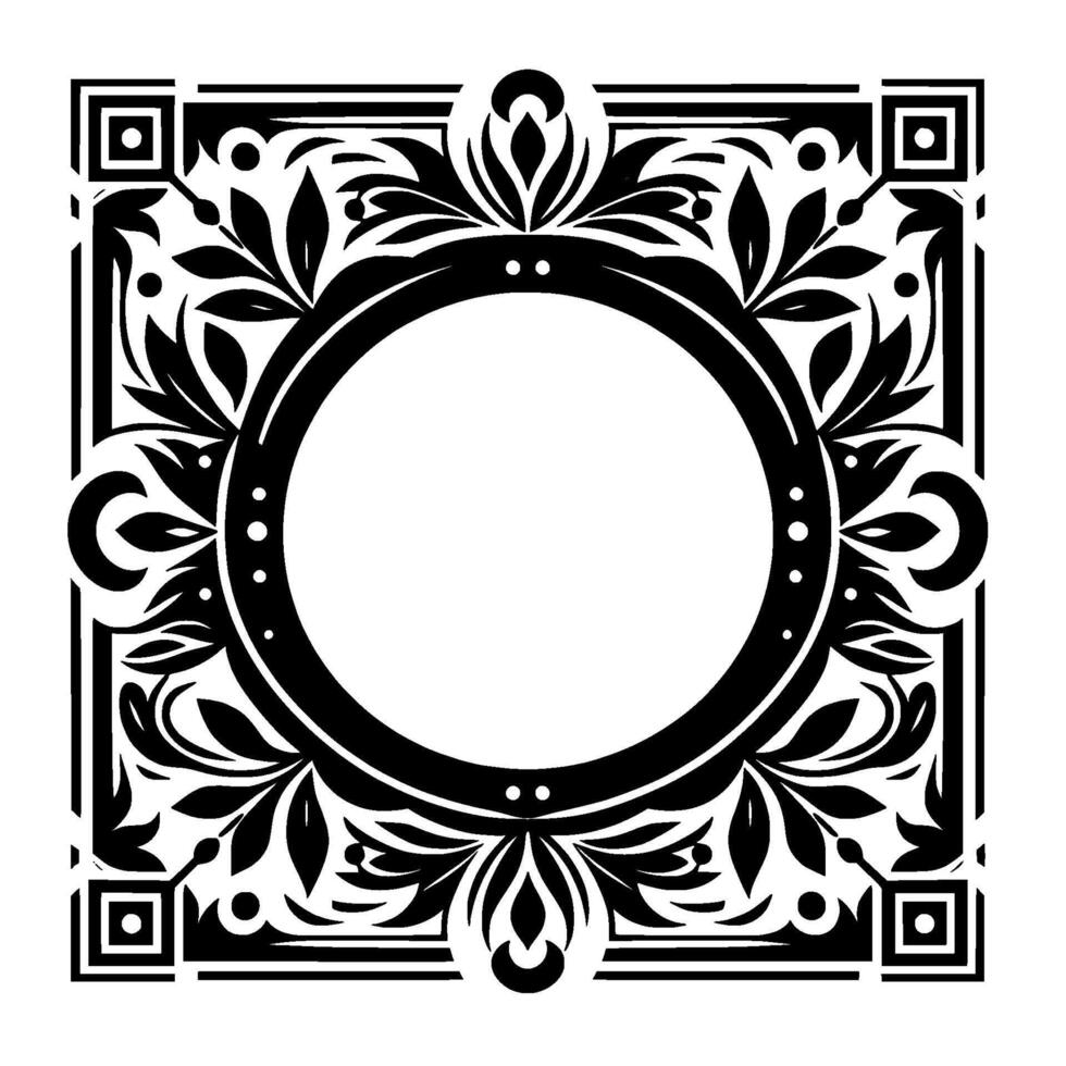 Intricate Black and White Floral Frame with a Circular Center and Geometric Corner Accents on White Background. vector