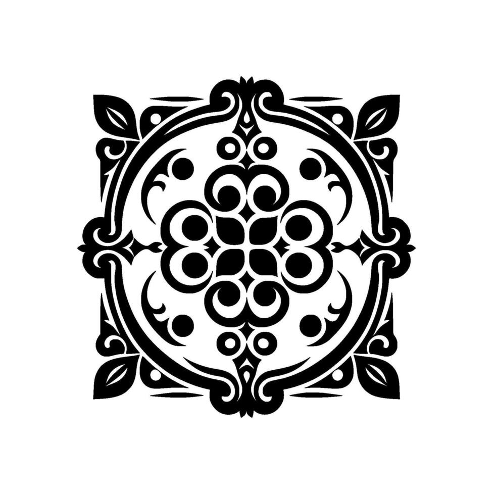 Intricate symmetrical black and white featuring organic and geometric elements, resembling a stylized floral pattern within a square and circular frame. vector