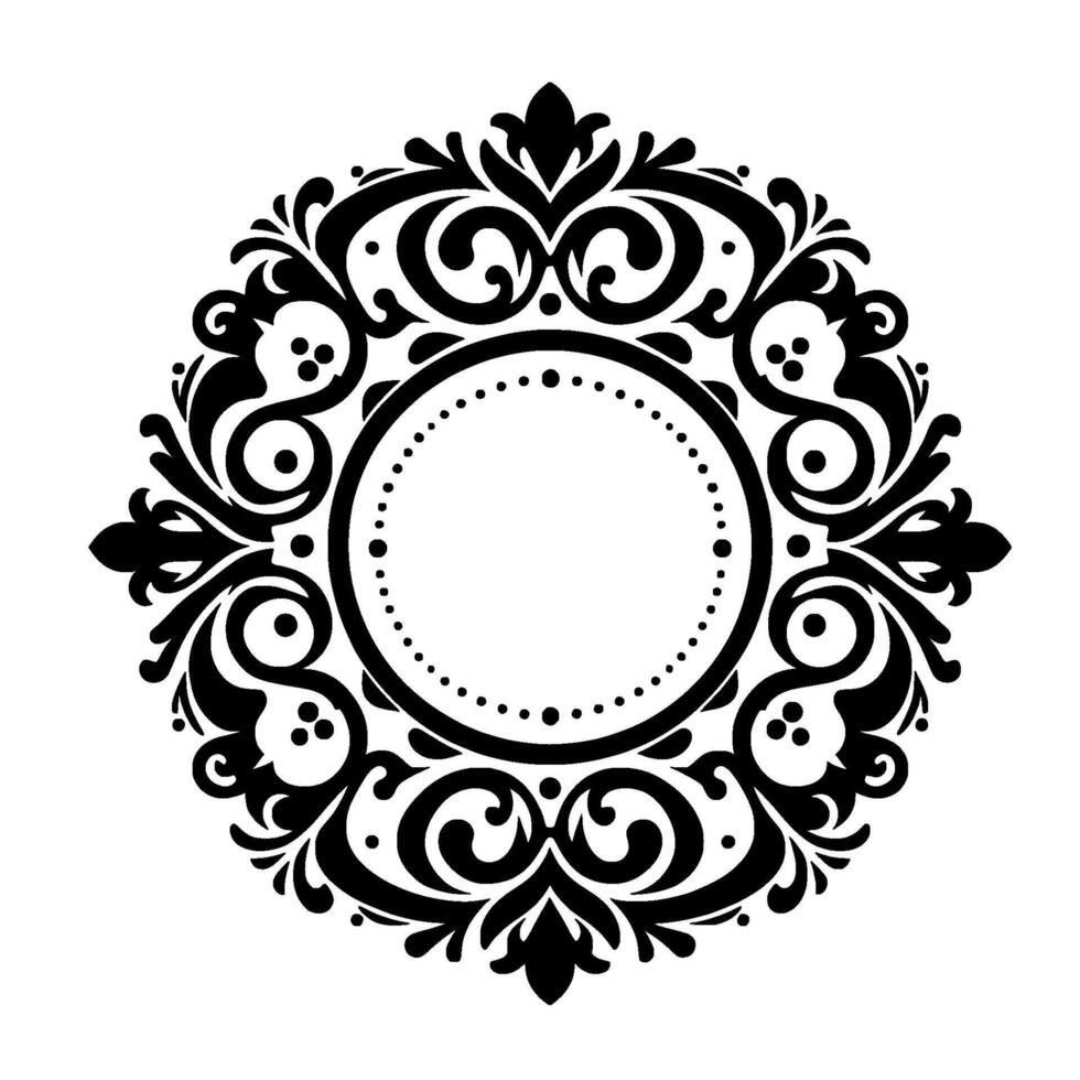 Intricate black and white circular decorative featuring a blank dotted circle center, surrounded by stylized floral and scroll elements, creating an elegant and ornamental frame. vector
