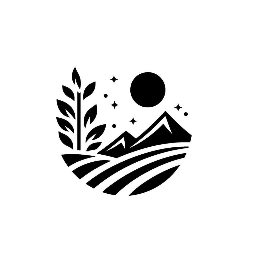 A minimalist black and white illustrating a serene landscape, featuring a plant, fields, mountains, stars, and a full moon. vector