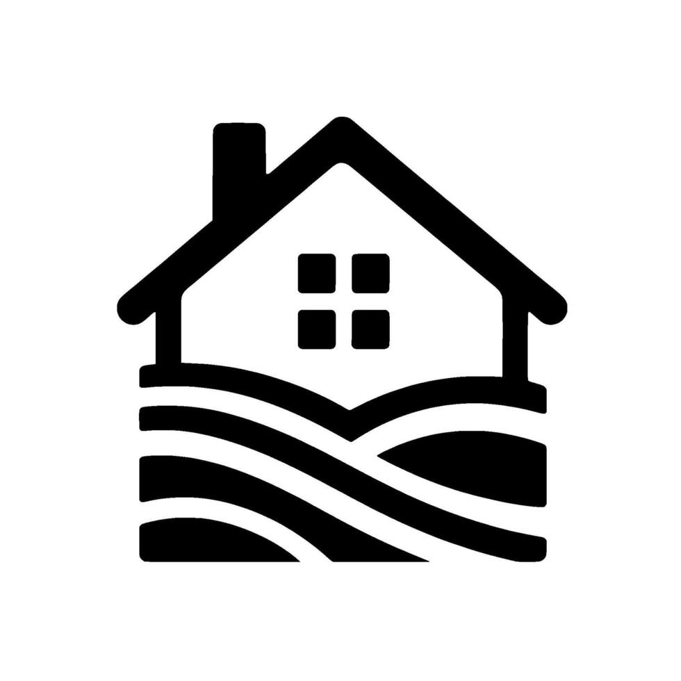 Black and white minimalist of a house with a chimney, four windows, and layered curved lines suggesting a landscape below. vector