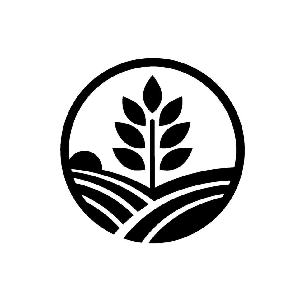 Elegant Black and White Emblem A stylized depiction of a wheat stalk rising from rolling fields, enclosed within a circular border, evoking a sense of nature and agriculture. vector