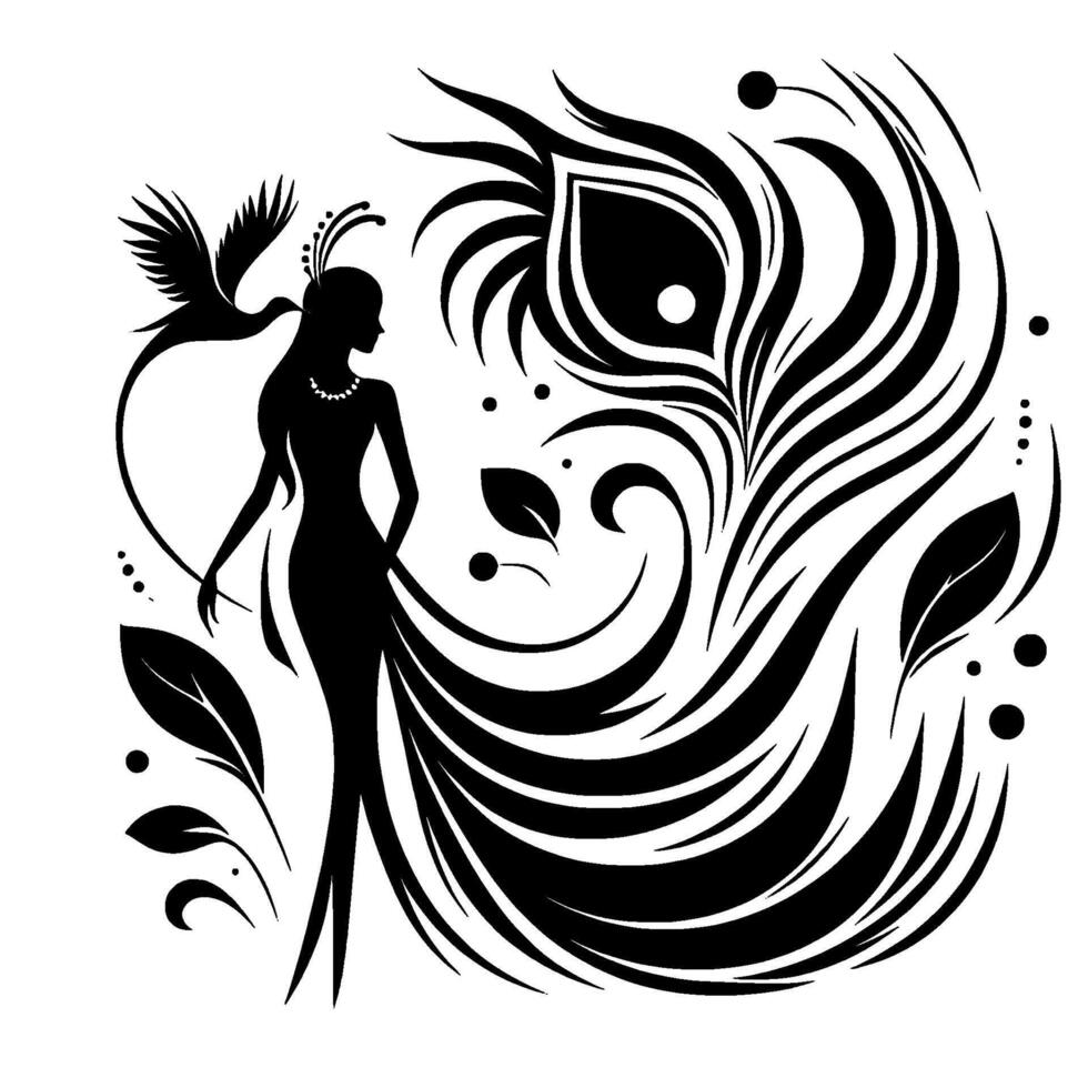 A stylized silhouette of a woman with flowing dress, a bird, and peacock feather, evoking elegance and grace in a minimalist blackandwhite . vector