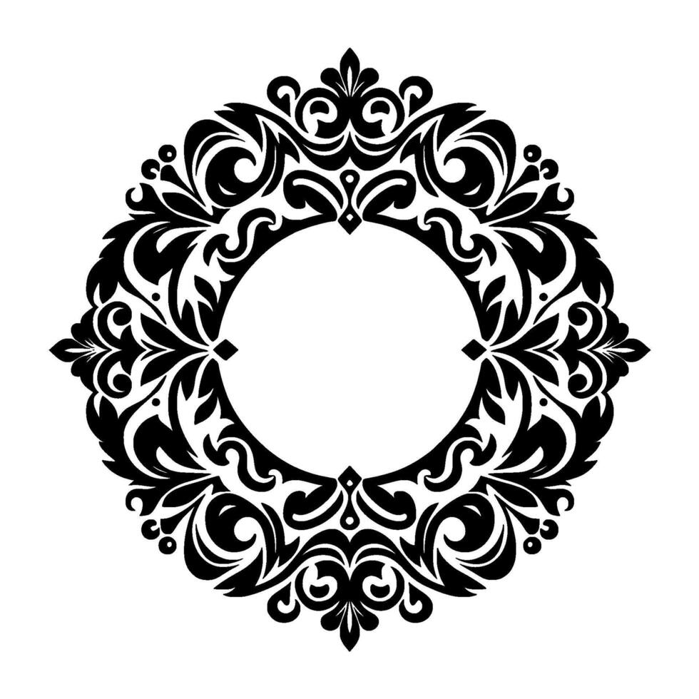 Intricate black and white symmetrical circular floral with a blank central circle, ornate and detailed. vector