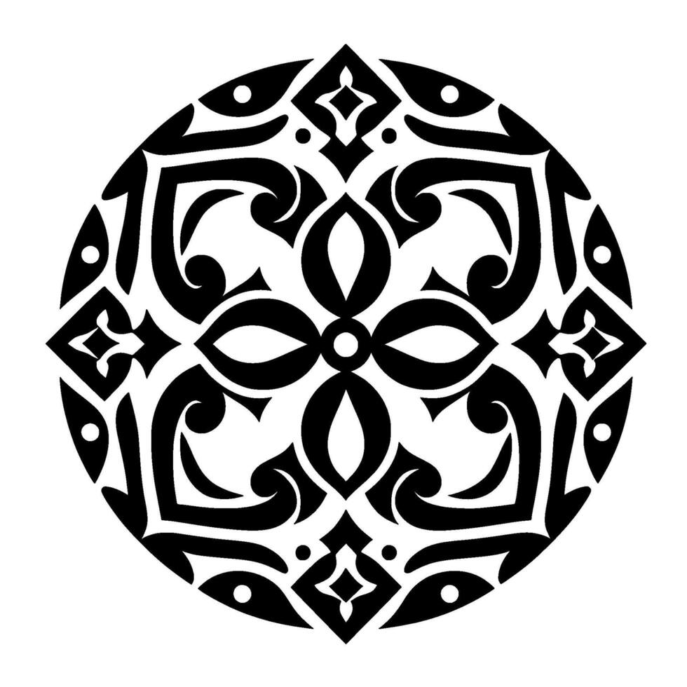 Intricate Black and White Geometric Mandala Featuring Floral and Angular Elements Arranged in a Circular Pattern. vector
