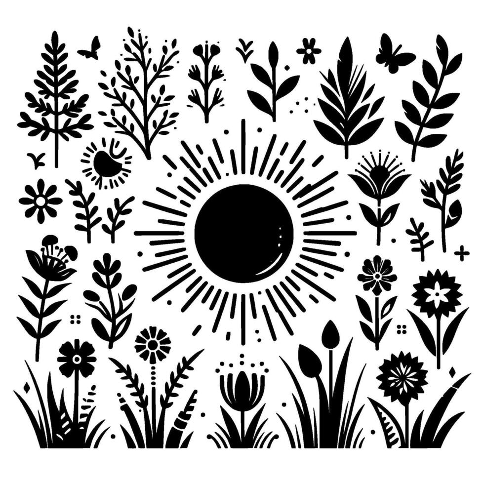 A monochrome botanical composition showcasing various stylized floral and natural elements around a central radiating sun , evoking a serene, minimalist aesthetic. vector