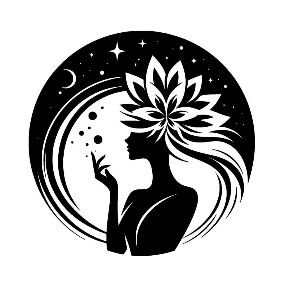 Silhouette of a woman adorned with a floral headdress, in a celestial scene, reaching towards floating orbs against a black circle background. vector