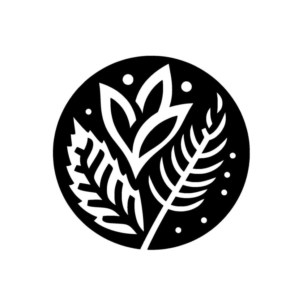 Elegant Black and White Botanical A stylized, circular featuring leaves and floral elements with minimalist dots. vector