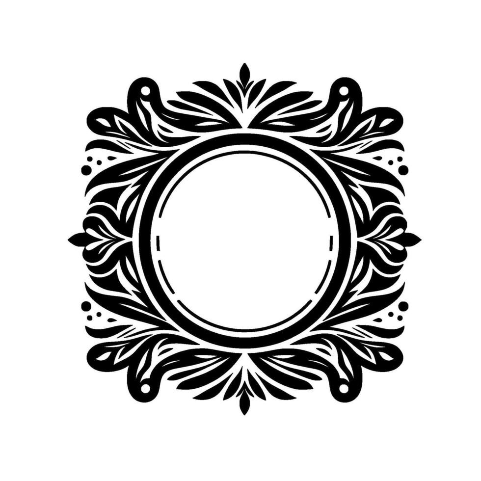 Intricate Black White Ornamental Frame Circular Center with Floral Curvilinear Elements on a White Background, Evoking Classic Elegance. vector