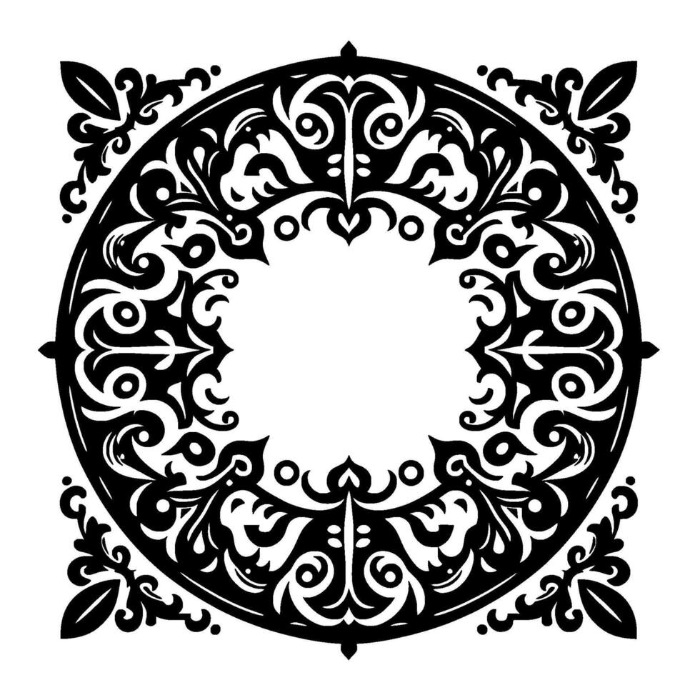 Ornate Black White Circular Frame with Floral and Swirl Designs, Evoking a Sense of Elegance and Timelessness. vector