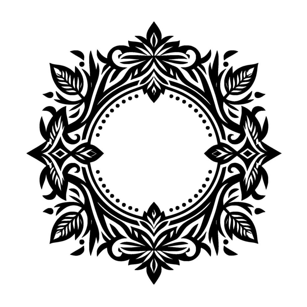 Intricate symmetrical black and white ornamental floral , a circular motif with leaves, dots, and geometric shapes, centered on a white background. vector