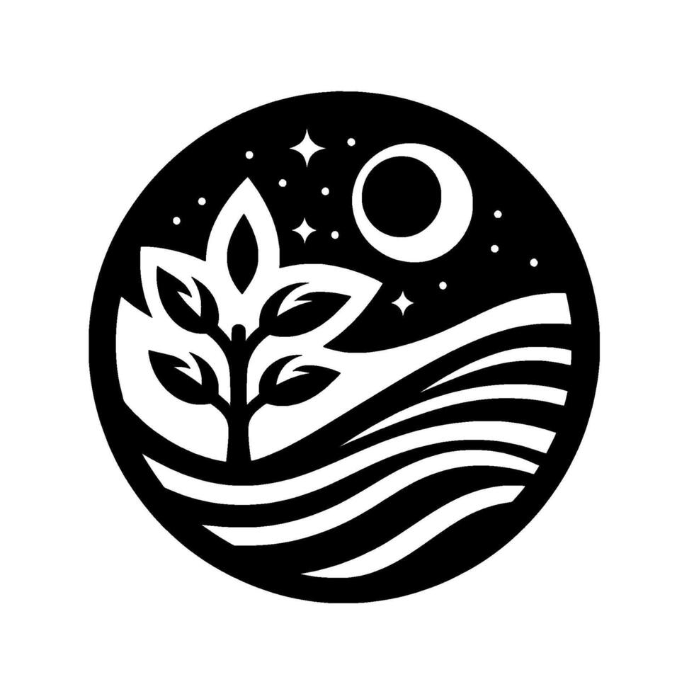 A minimalist black and white circular depicting a stylized tree with leaves, beneath a moon, stars, and wavy lines representing water or earth, suggesting nature. vector