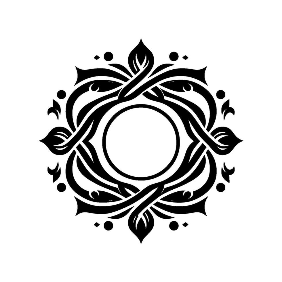 An intricate, symmetrical black and white floral , with interwoven lines and a central circular opening, evoking elegance and sophistication. vector