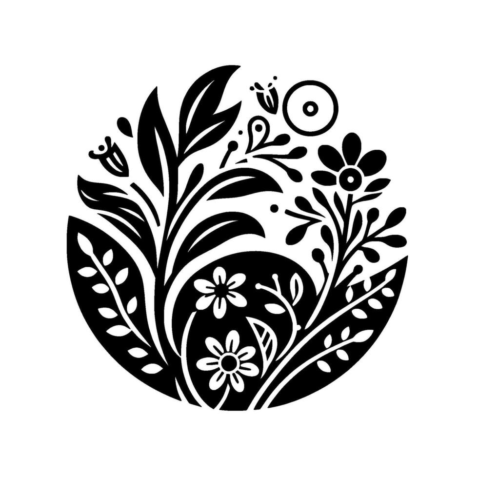 Intricate black and white floral mandala with stylized leaves, flowers, berries and a circular sun motif, set on a stark white background. vector