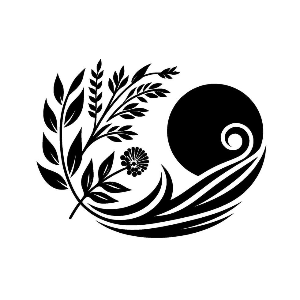 Elegant Black and White Floral with a Circular Sun, Leaves, and Decorative Flourishes, Evoking Serenity and Balance. vector
