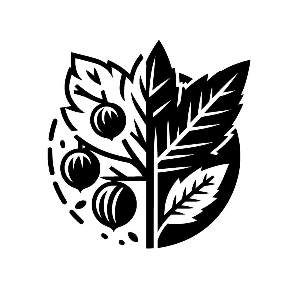 Stylized Black and White Illustration A botanical of leaves, berries, and branches enclosed in a circular shape. vector