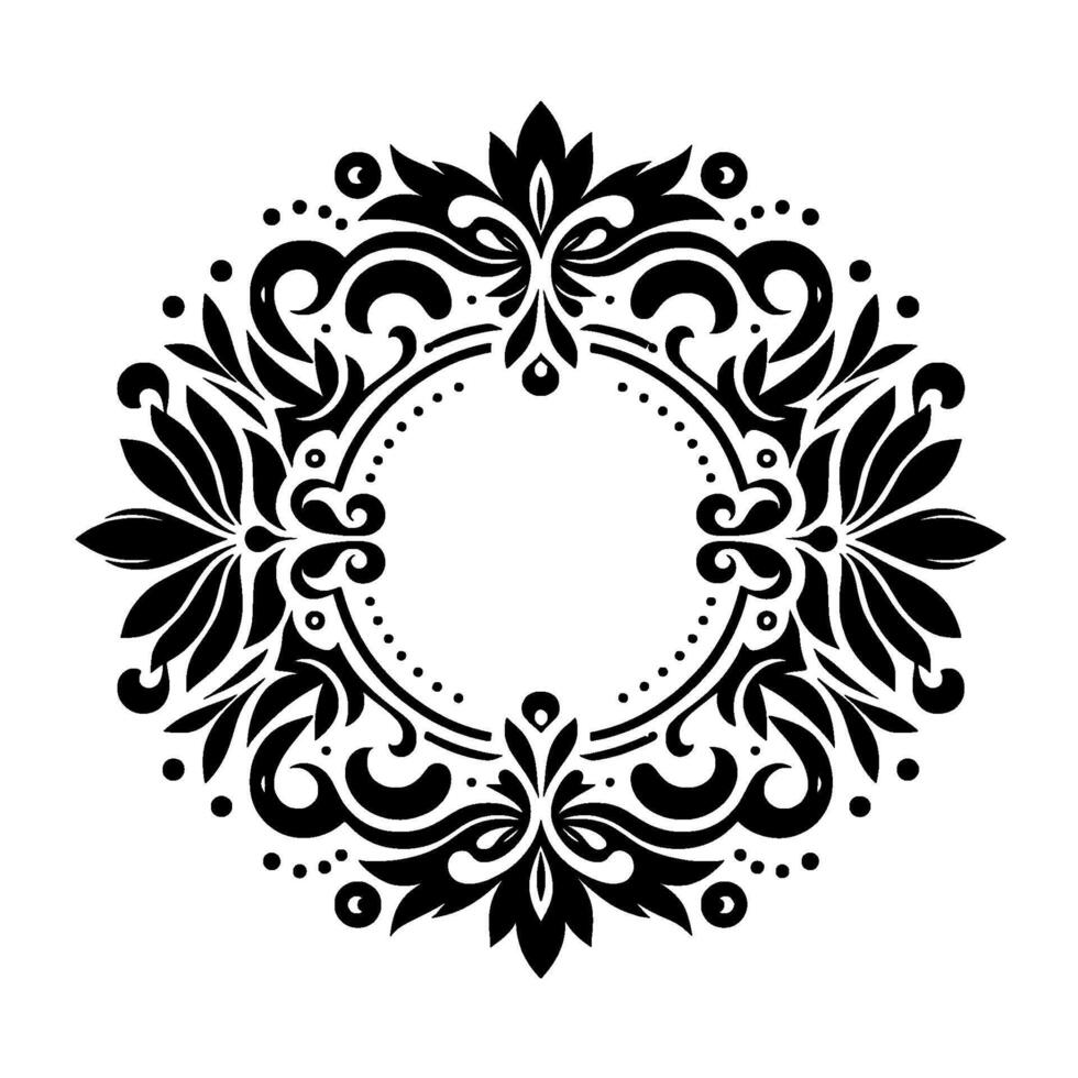 Elegant Black and White Floral Circular Ornament with Ornate Swirls, Dots, and a Central White Space, Ideal for Decorative . vector