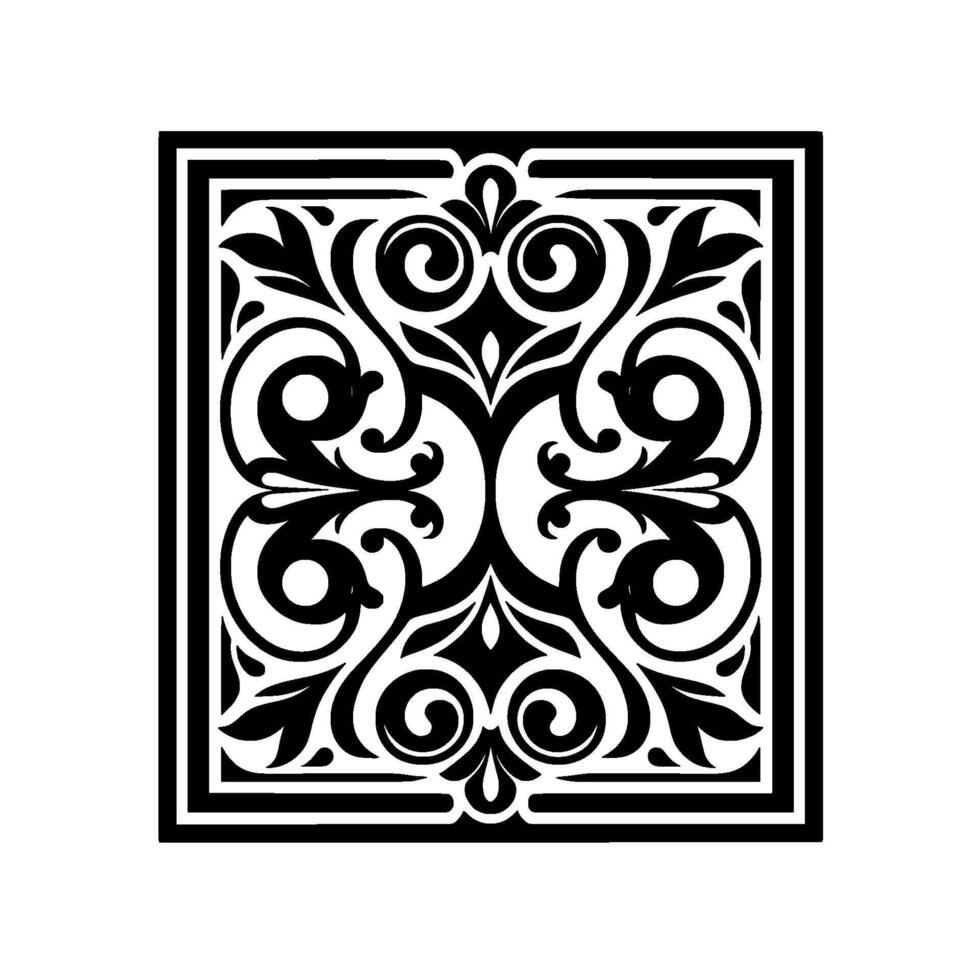 Intricate symmetrical monochrome floral in a square frame, featuring swirling shapes, stylized leaves, and elegant scrolls on a contrasting white background. vector