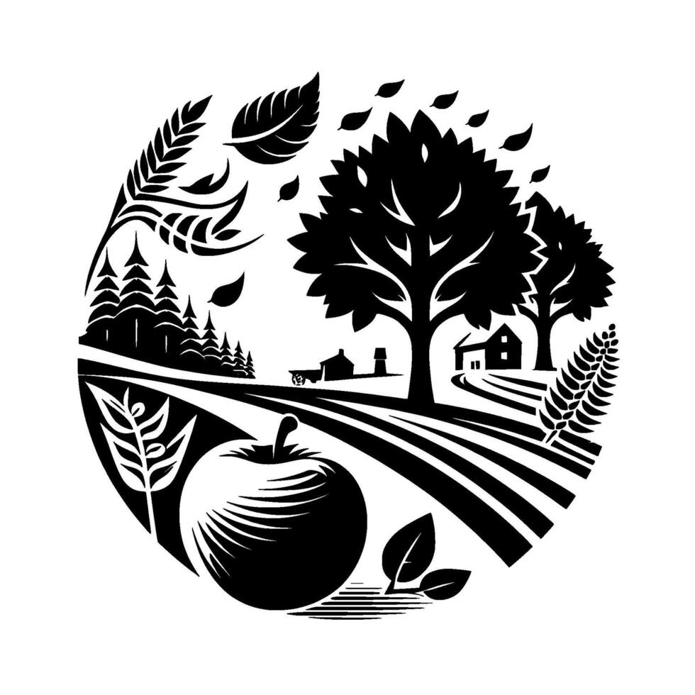 A black and white circular illustration depicting an idyllic farm scene with an apple, fields, trees, a farmhouse, and wheat stalks, evoking a sense of harvest season. vector