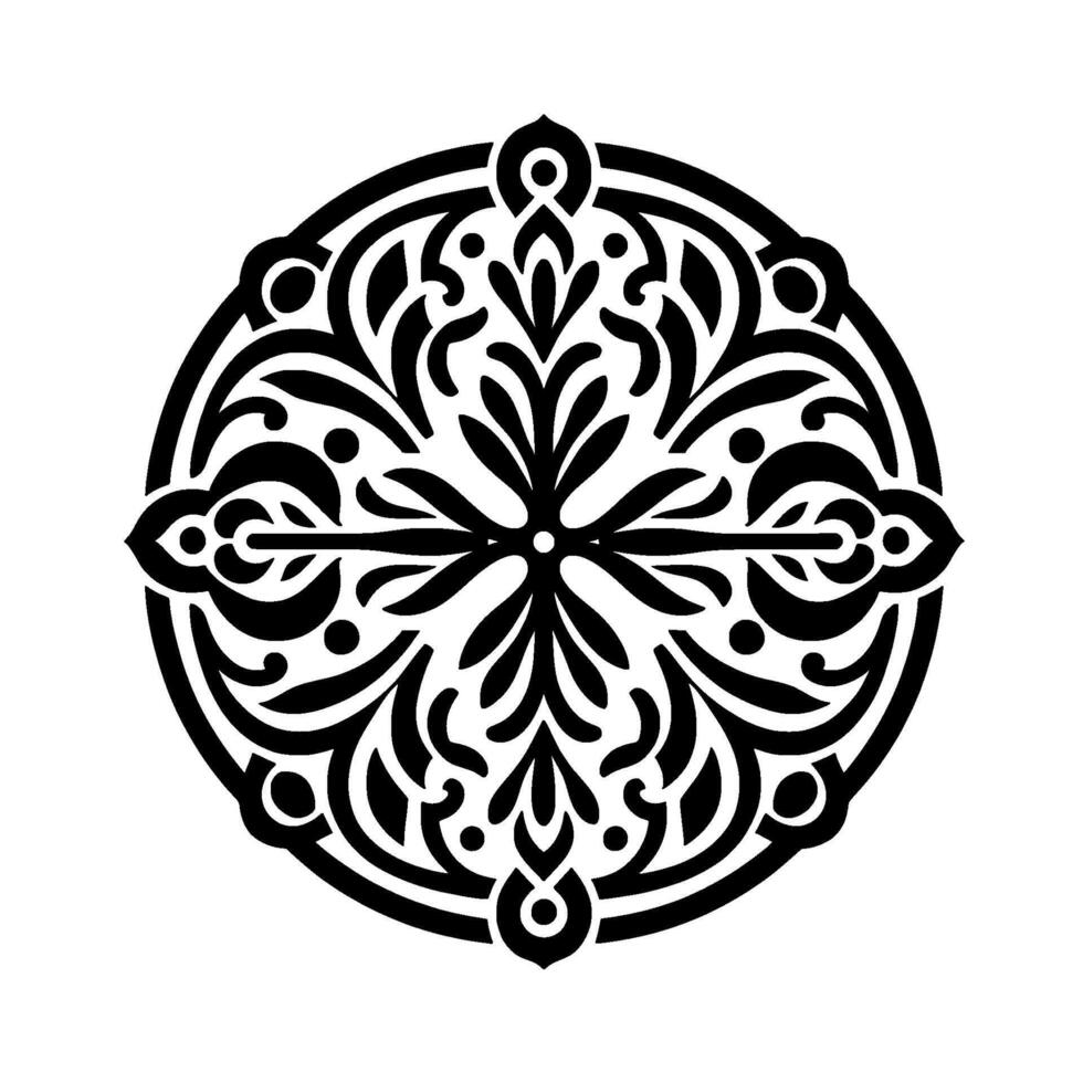 Intricate Black and White Circular Mandala with Floral and Geometric Elements, Displayed on a White Background, Illustrating Symmetry and Balance. vector