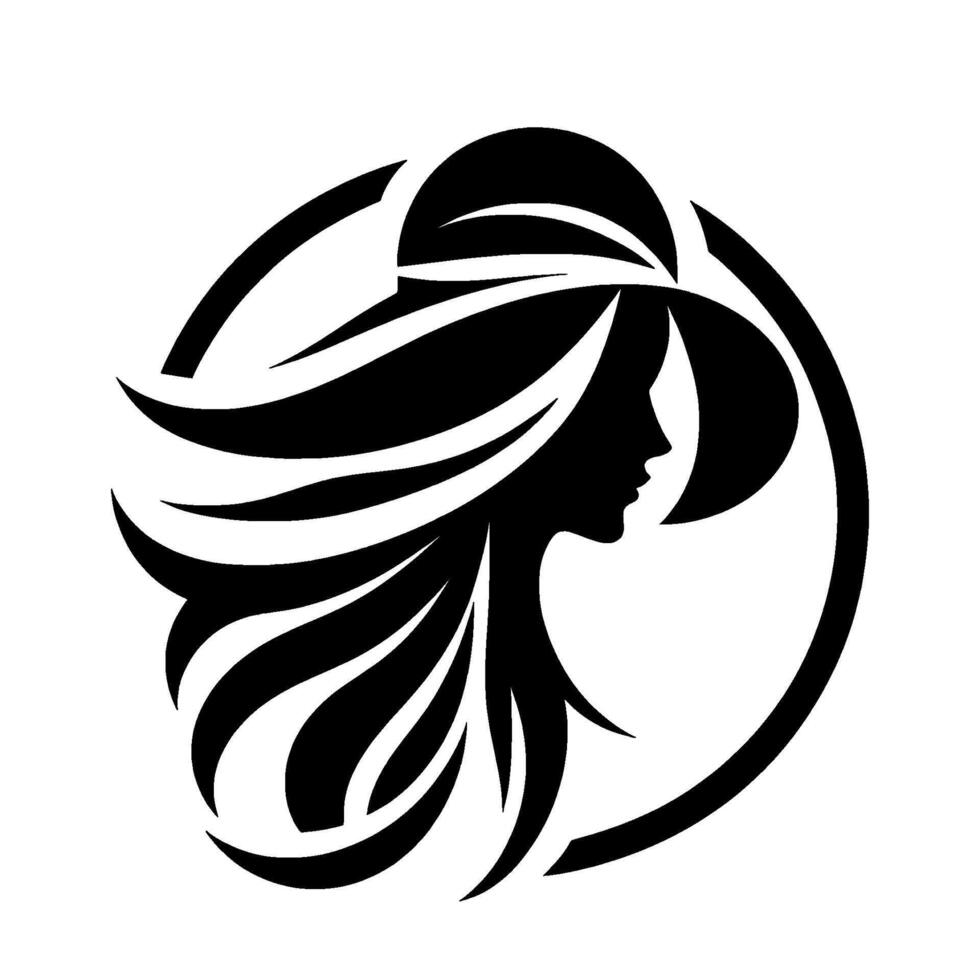 Elegant Silhouette A stylized black and white of a woman in a broadbrimmed hat, within a circular frame, suggesting beauty and fashion. vector
