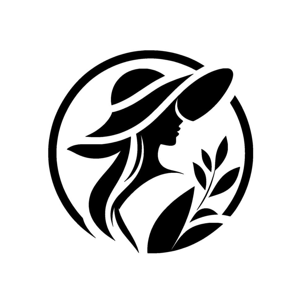 Silhouette of a woman in a widebrimmed hat, within a circle, with flowing hair and floral accents, in a minimalist black and white style. vector
