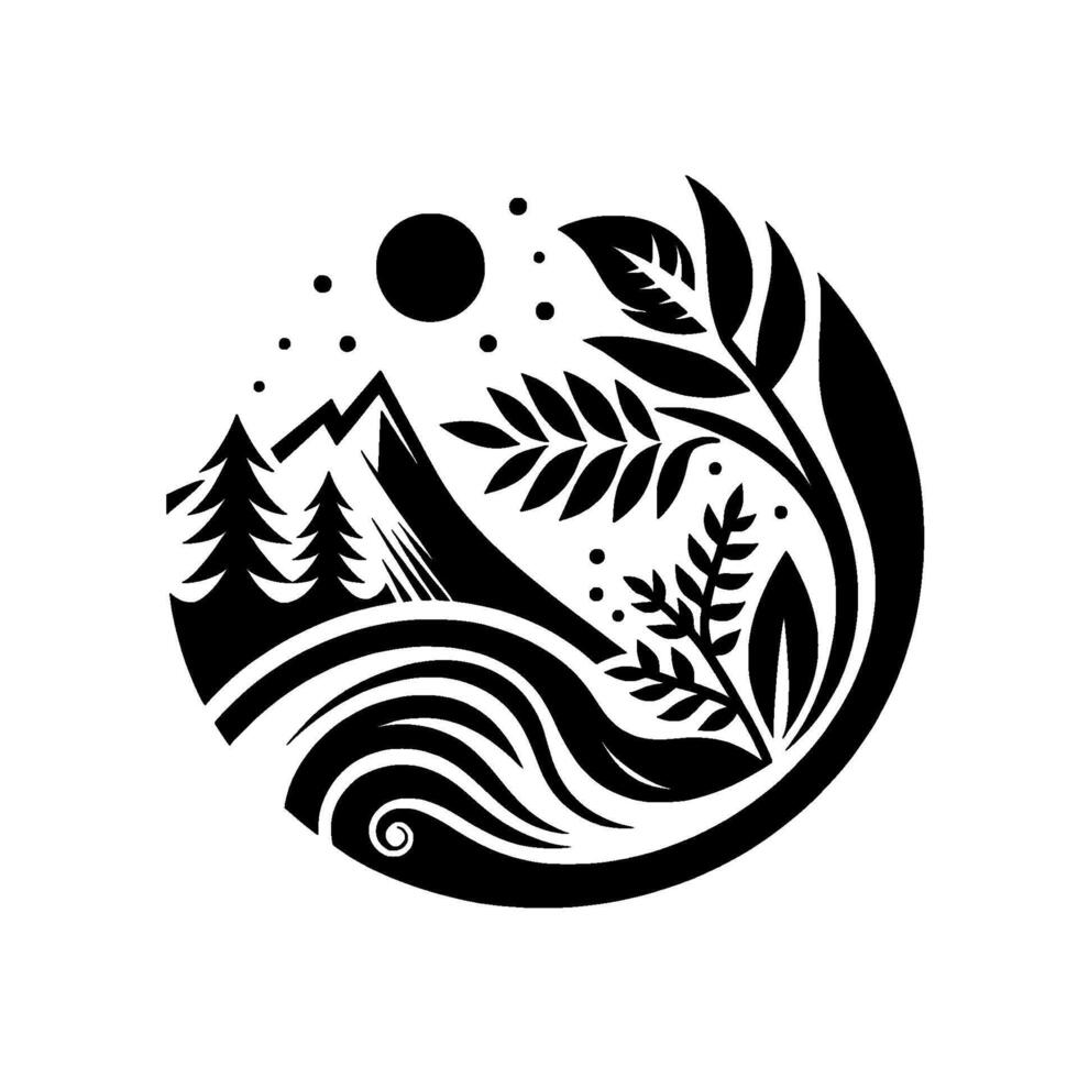 A minimalist black and white circular composition featuring mountains, trees, water, leaves, and a sun, representing natures balance. vector