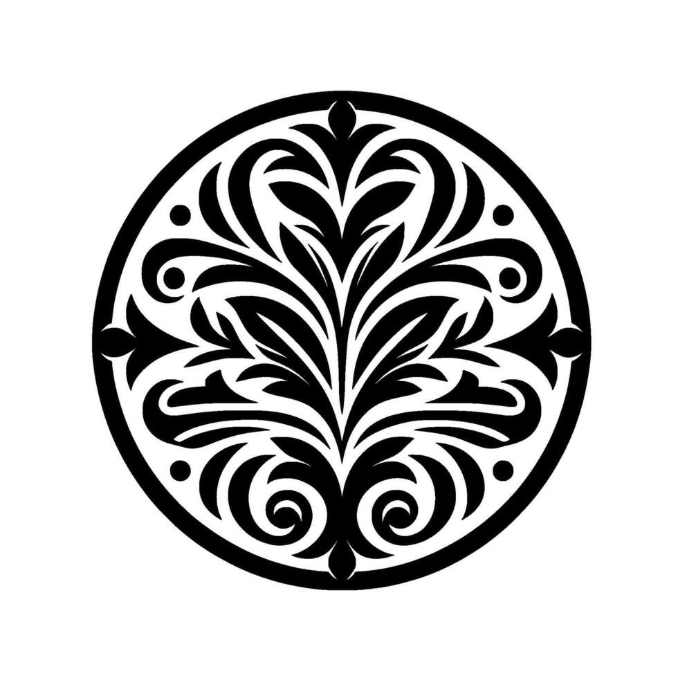 A symmetrical black and white circular , featuring intricate floral and leaf patterns, creating a visually balanced and ornamental composition on a white background. vector