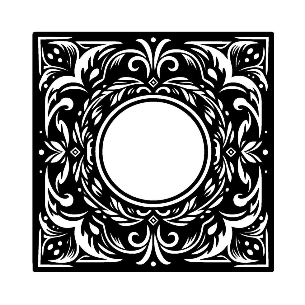 Intricate Black and White Floral Frame A Circular Center Surrounded by Ornate, Symmetrical Foliage within a Square Border. vector