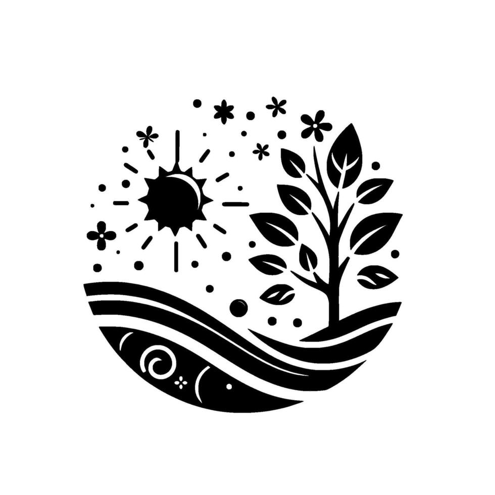 Circular black and white illustration depicting a tree, sun, flowers, and wavy lines, conveying a sense of nature and growth. vector