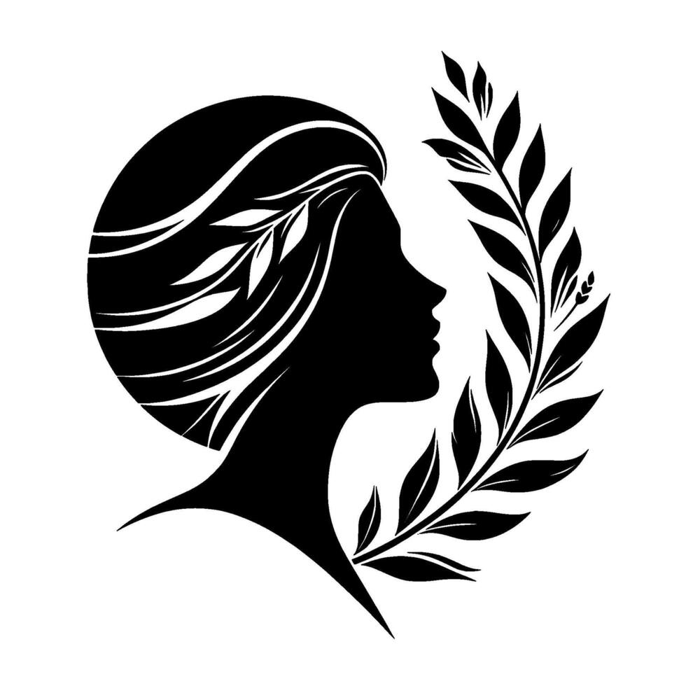 Elegant Silhouette of a Woman Adorned with Laurel Wreath and Floral Hair, Symbolizing Grace and Nature. vector