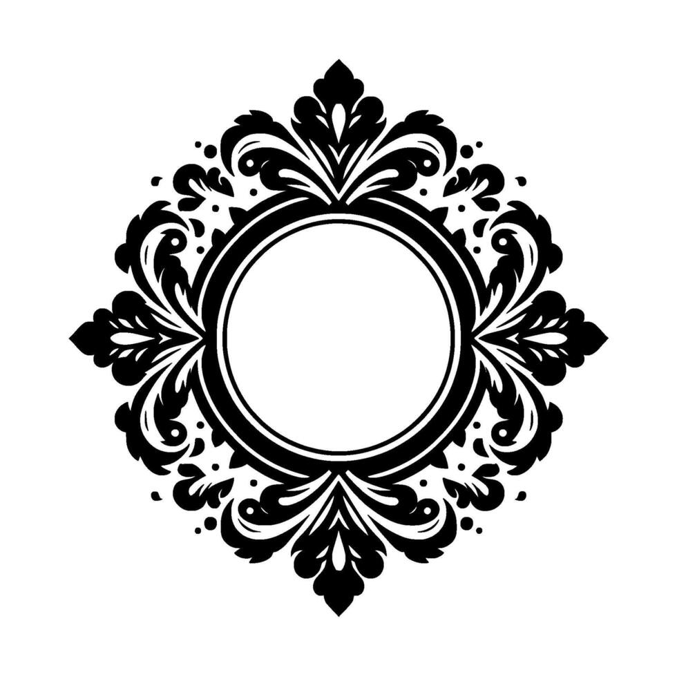Elegant Black and White Floral Damask Frame, symmetrical, with a central empty circular space for text or , isolated on a clean white background. vector