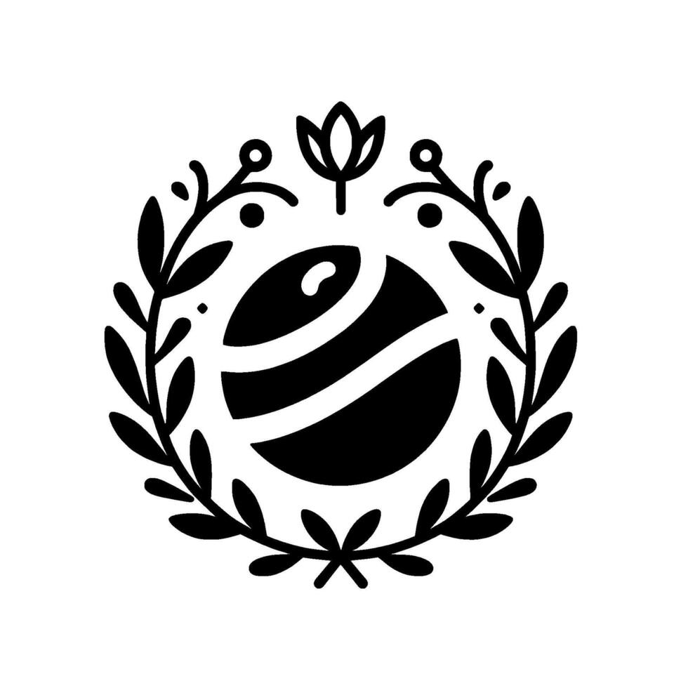 Minimalist Black and White Emblem Earthlike Sphere with Stripes Enclosed in Laurel Wreath with Floral Accents, Representing Nature and Harmony. vector