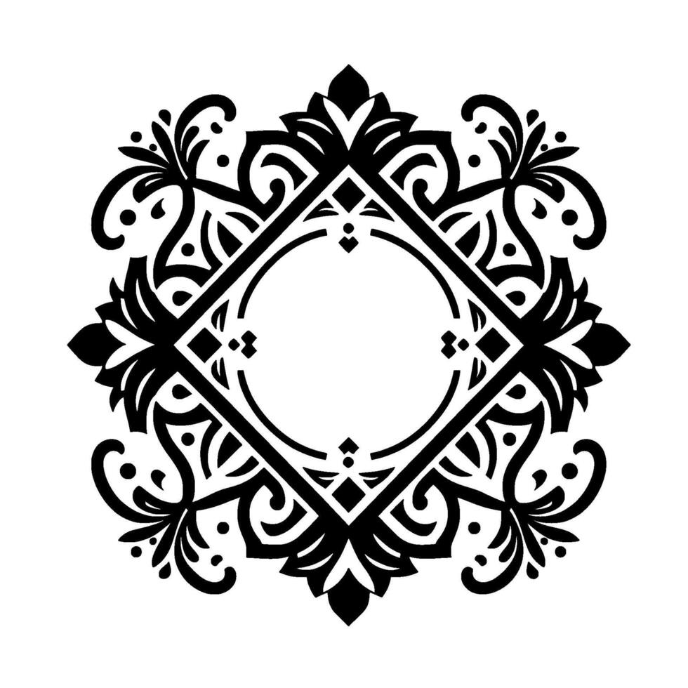 Intricate symmetrical black and white floral ornament , featuring a central circular element within a diamond and square frame, embellished with swirling leaves, dots and stylized floral motifs, vector