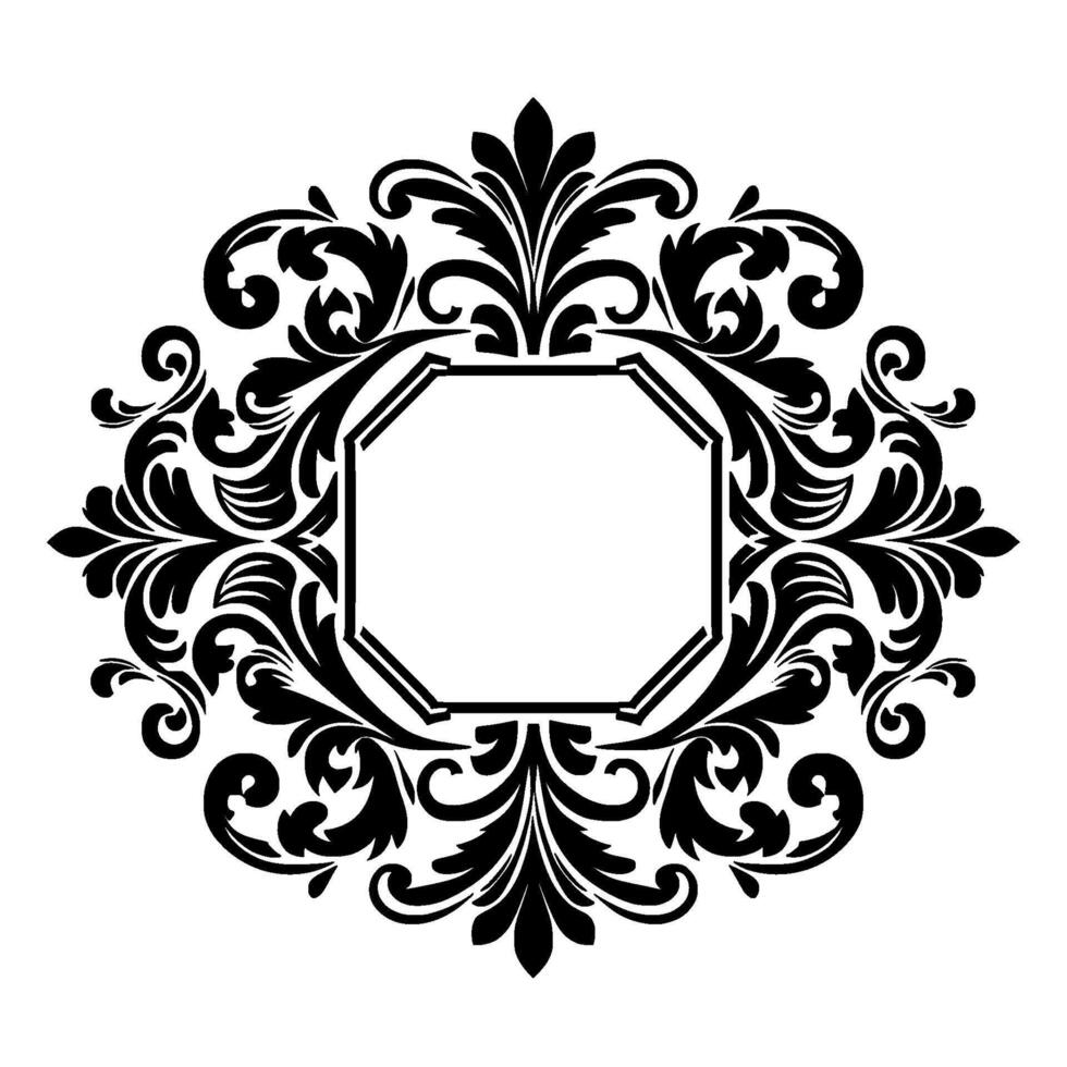 Ornate Black and White Ornamental with a Central Octagonal Frame, BaroqueInspired Floral Elements. vector